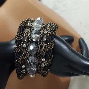 Vintage Bronze Rhinestone Crystal Silk Rope Chain Link Expansion Bracelet